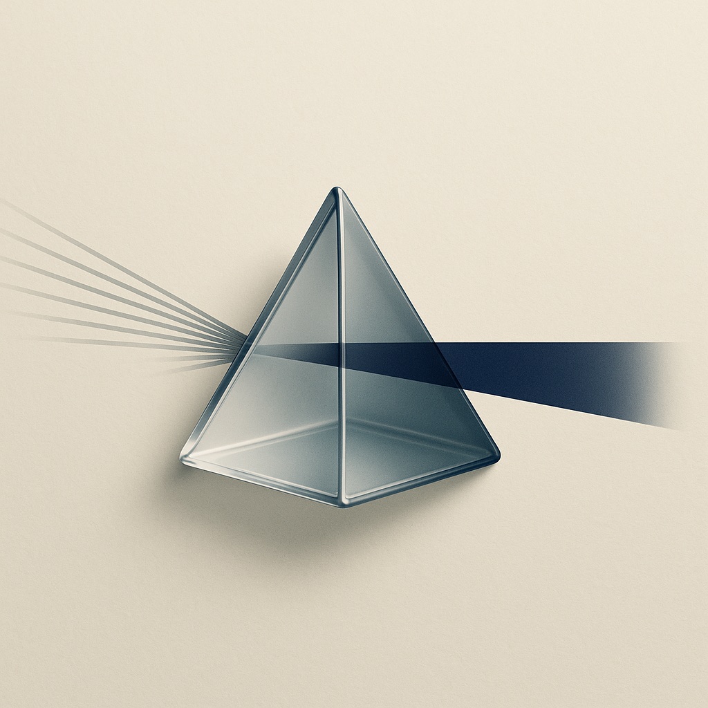 A glass prism turning many scattered rays into one clean beam